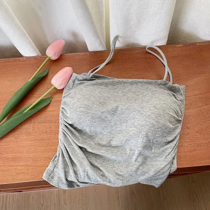 Sólido all-match plissado sling colete cinta almofada de peito roupa interior fino ajuste emagrecimento curto gyaru roupa exterior topo