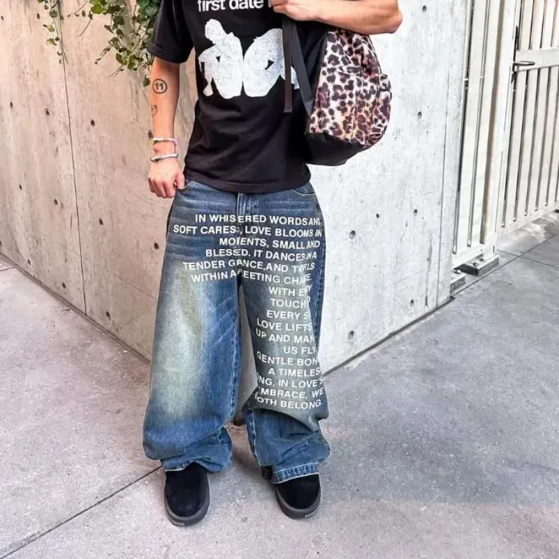Americano retro estampado alfabeto masculino jeans personalizado roupas de rua y2k goth moda masculina e feminina calças casuais