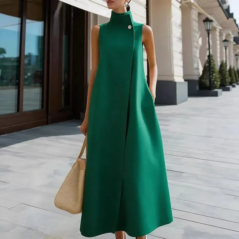 Moda simples único botão gola alta maxi vestido feminino primavera sólido bolso a linha vestido longo verão sem mangas vestidos boêmios