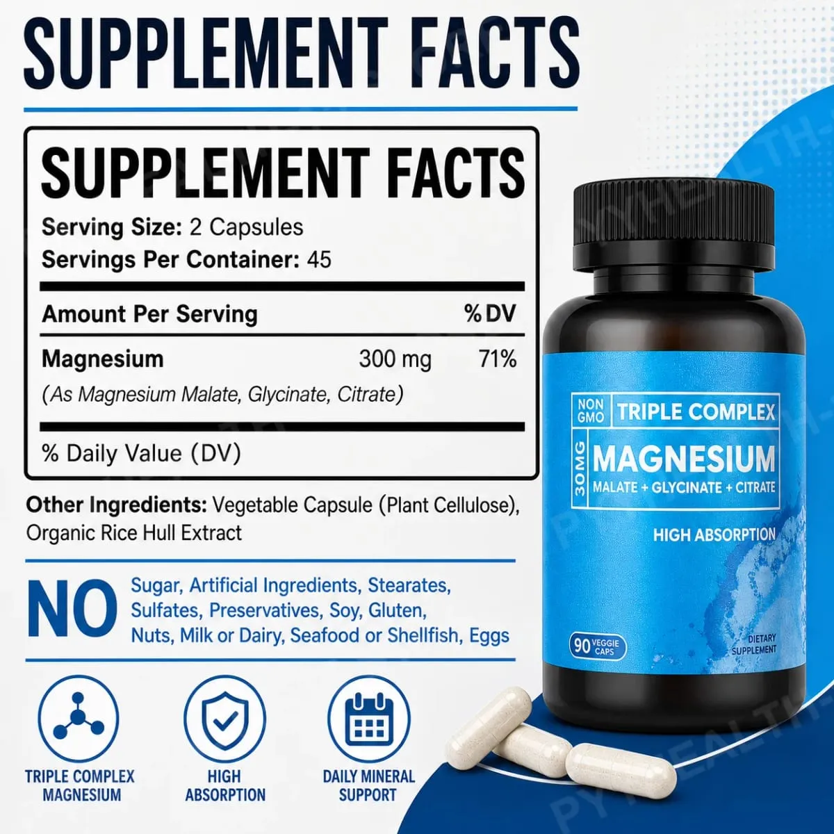 Complexo Triplo de Magnésio 300mg Malato Glicinato Citrato Suplemento Mineral Diário de Alta Absorção Vegano Não OGM 90 Cápsulas Vegetais