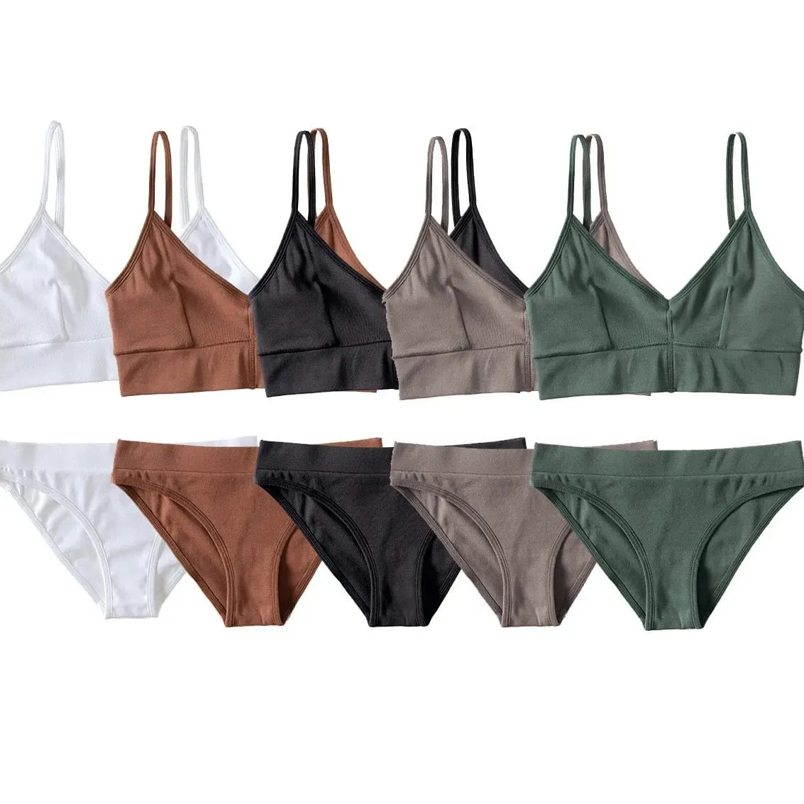 Conjunto de sutiã sem fio com nervuras de cor sólida feminino sutiã de alça fina com cuecas triangulares lingerie