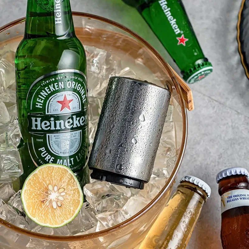 1/2 pçs abridor de garrafa de cerveja automático ímã abridor de cerveja aço inoxidável empurrar para baixo abridor de vinho refrigerante tampa acessório de cozinha — image 6