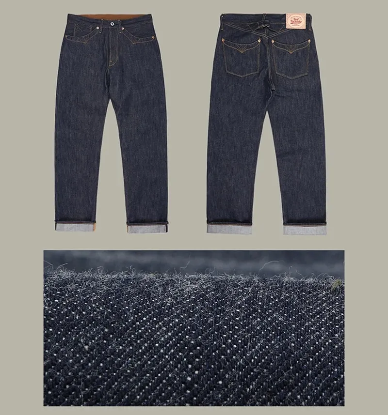 Red Tornado 350 Jeans Selvedge com desenhos de costura de bolso com fivela nas costas 14 onças Calça jeans crua