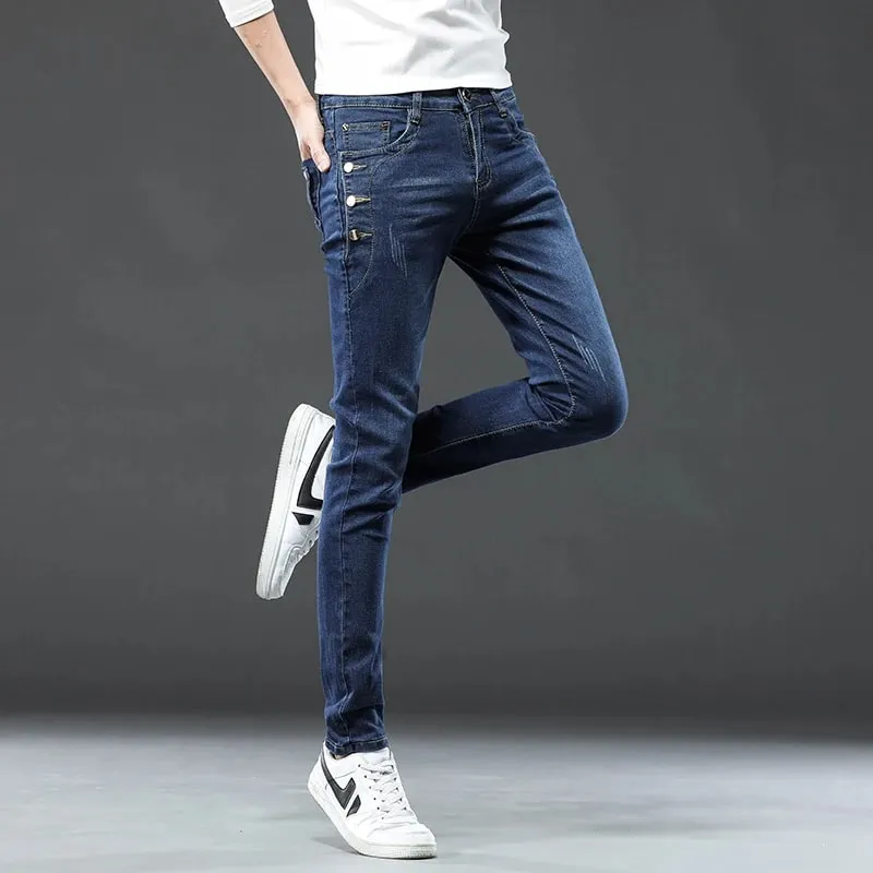 Novos homens magro coreano botão jeans preto magro cor sólida estiramento multi-botão juventude masculino calças jeans streetwear