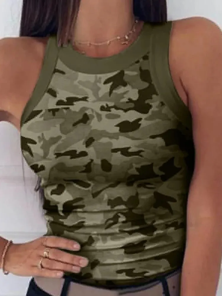 Women Casual Camo Round Neck Ribbed Tank Top Summer Basic Elastic Camisole Sexy Sleeveless Crew Neck Vest Women's Clothing