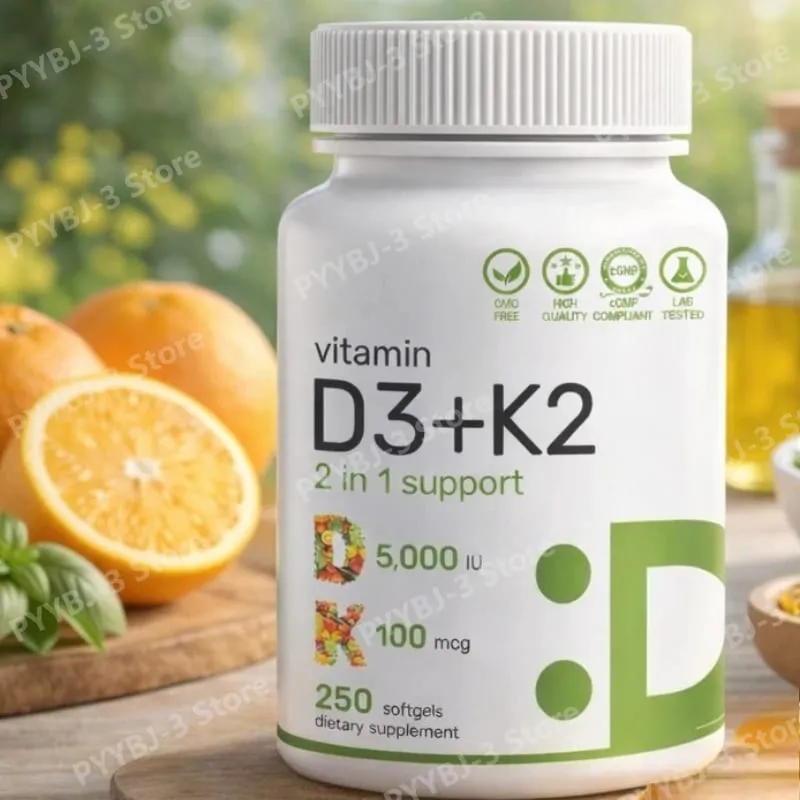 Vitamina D3 + K2 MK7 Softgels 250 Contagem 2 em 1 Complexo Não OGM Sem Soja Sem Glúten Suporte à Saúde Óssea Impulsionador do Sistema Imunológico