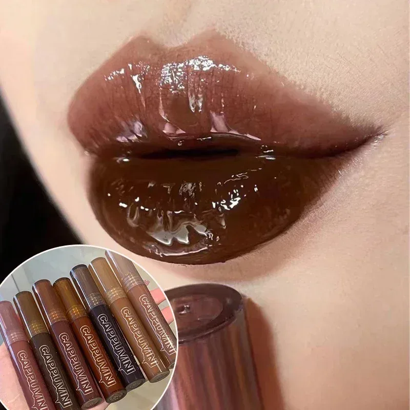 Espelho aguado chocolate brilho labial longa duração hidratante cristal geléia lábio matiz batom natureza nude lábios maquiagem cosméticos