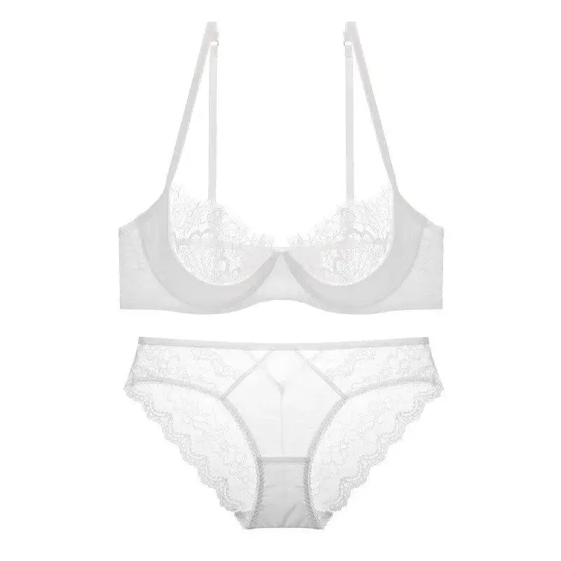 Women Ultra Thin Sheer Lace Half Cup Bra Set Big Bust Minimizer Support Lift Lightweight Wireless Casual Lingerie Underwear S-XL