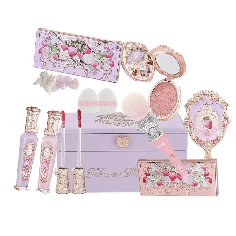 Flor saber morango rococó tudo-em um conjunto de presente kit de maquiagem completo espelho de jardim profissional blush em pó creme labial flowerknows — image 2