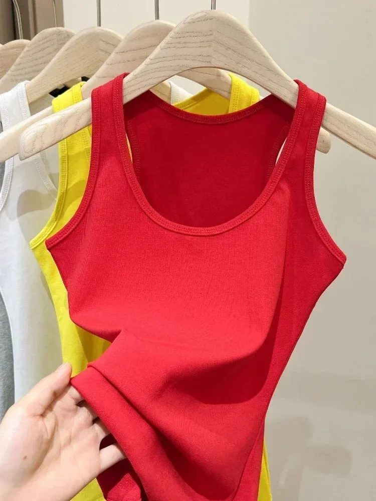 New Korean Style U-Neck Sleeveless Strap Tank Tops Slimming Base Layer Top Fashion Minimalist Design Summer Female Solid Camis