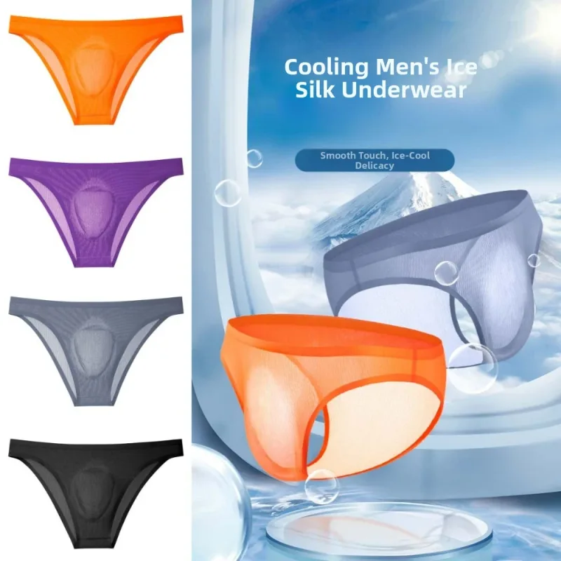 Calcinha triangular masculina de seda gelo, confortável, respirável, tamanho grande, cuecas finas, lingerie, roupa íntima para homens