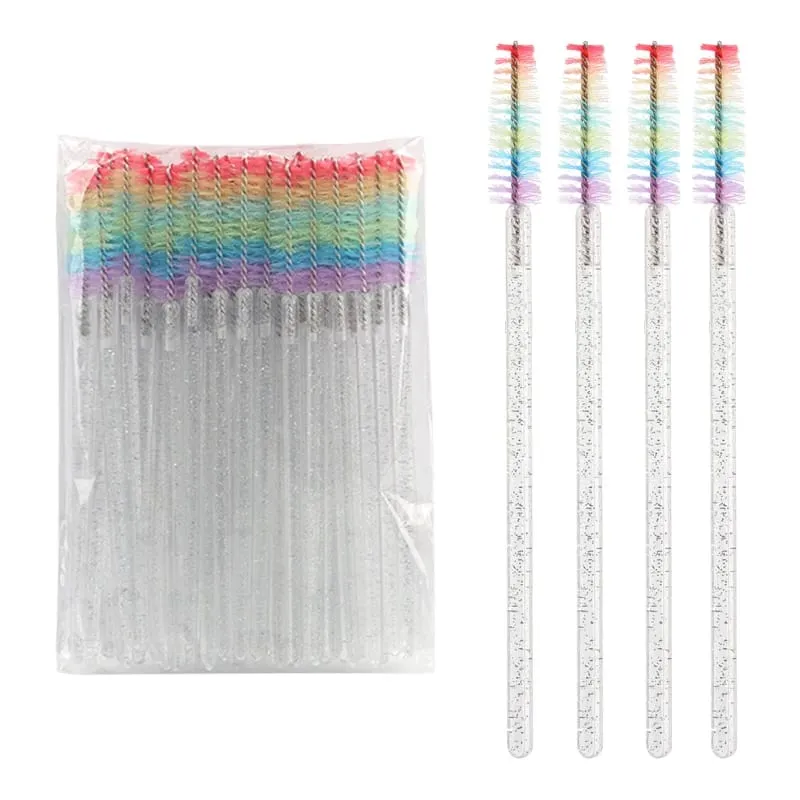 50 pçs escova de cílios de cristal descartável lash extensão pincéis de maquiagem rímel varinha aplicador sobrancelha pente arco-íris microbrush