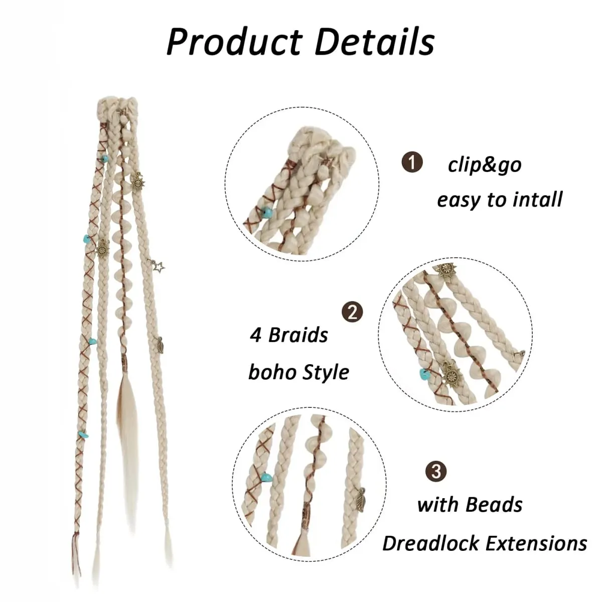 Clipe em extensões de cabelo trançado para mulheres 20 "Boho Dreadlock Clipe em tranças com miçangas e amuletos 2 peças de cabelo sintético trançado