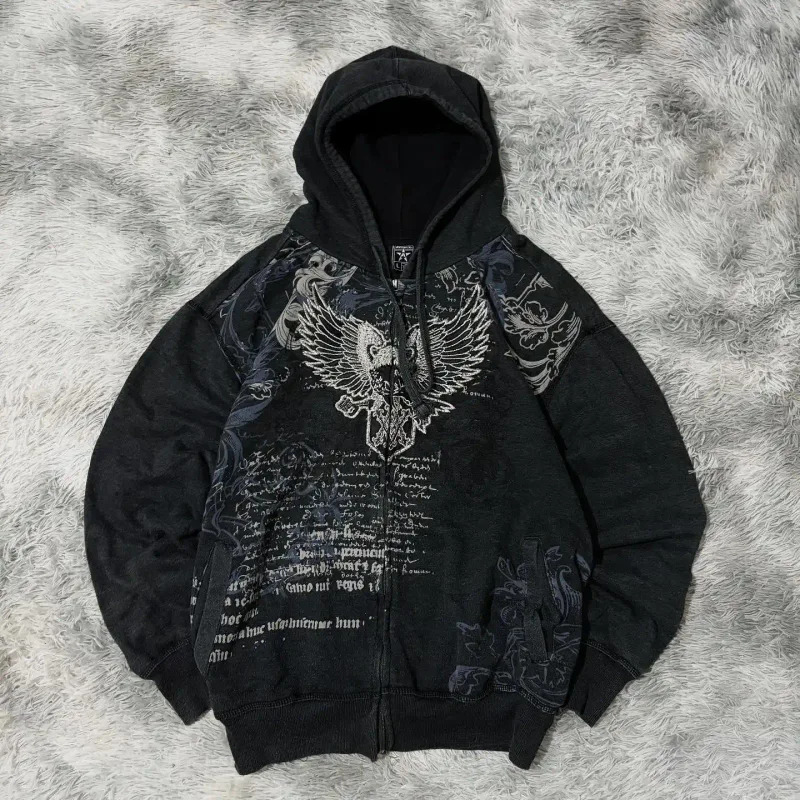 2025 americano nova moda padrão de grandes dimensões impresso zíper com capuz camisola masculina y2k gótico harajuku hip hop popular casal hoodies