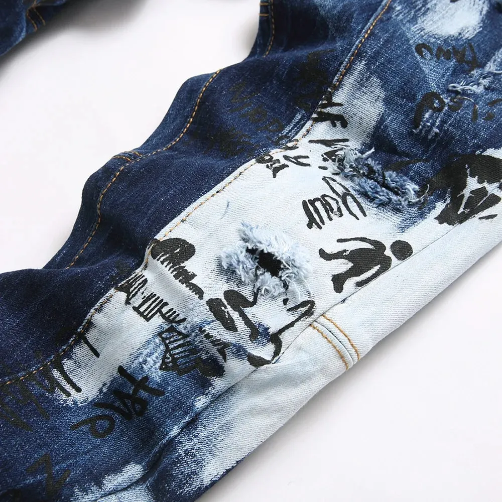 Men Letters Printed Denim Jeans Holes Ripped Patchwork Spliced Pants Button Fly Slim Tapered Stretch Trousers