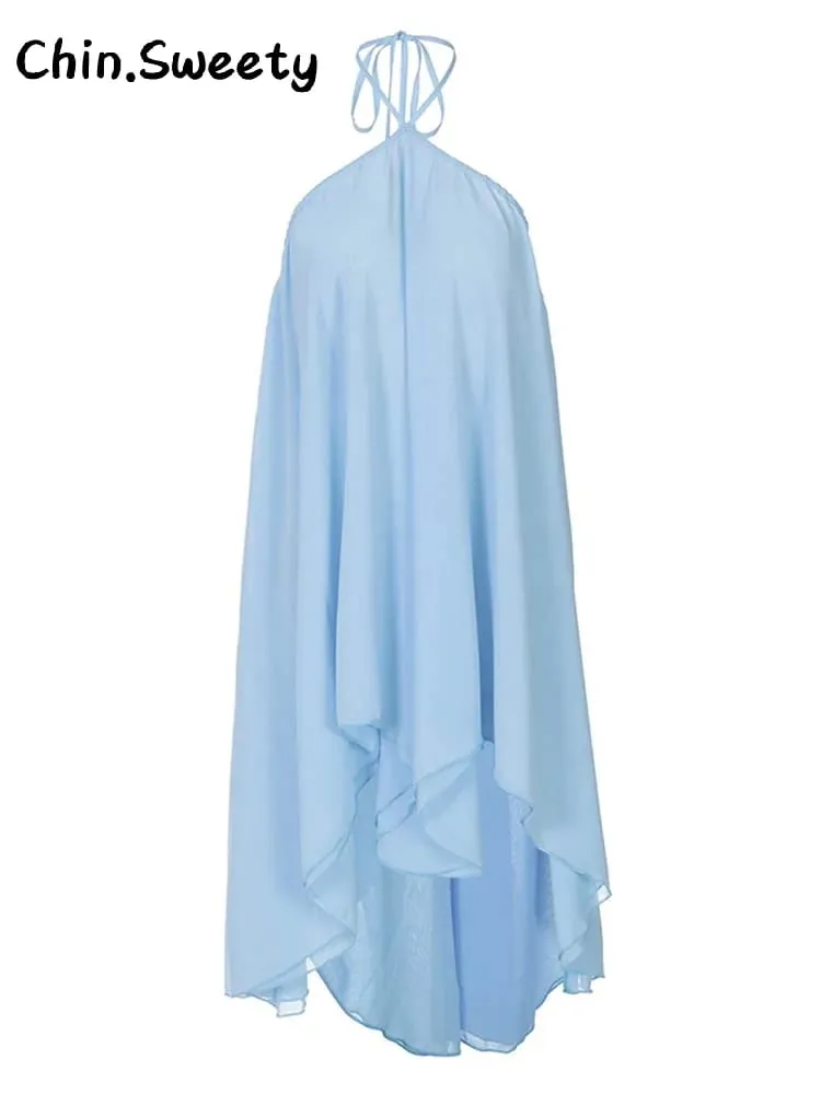 Elegante halter babados vestido curto feminino solto sólido sem alças sem mangas vestidos sem costas 2026 primavera senhora praia férias roupões