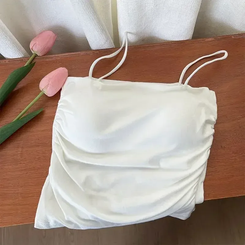Sólido all-match plissado sling colete cinta almofada de peito roupa interior fino ajuste emagrecimento curto gyaru roupa exterior topo