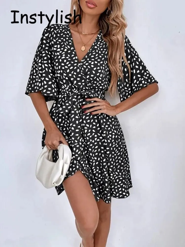 Casual dot print mini vestido com cinto elegante chique meia manga v pescoço a linha vestido de verão vintage harajuku vestido curto praia festa