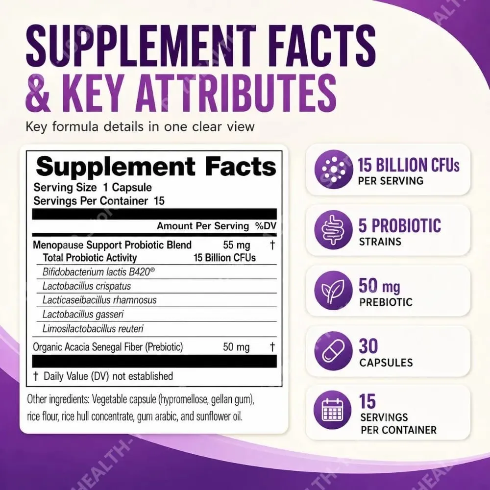 Cápsulas probióticas de suporte total da menopausa 15 bilhões de UFC 5 cepas prebióticas para microbioma digestivo bem-estar adulto 30 contagens