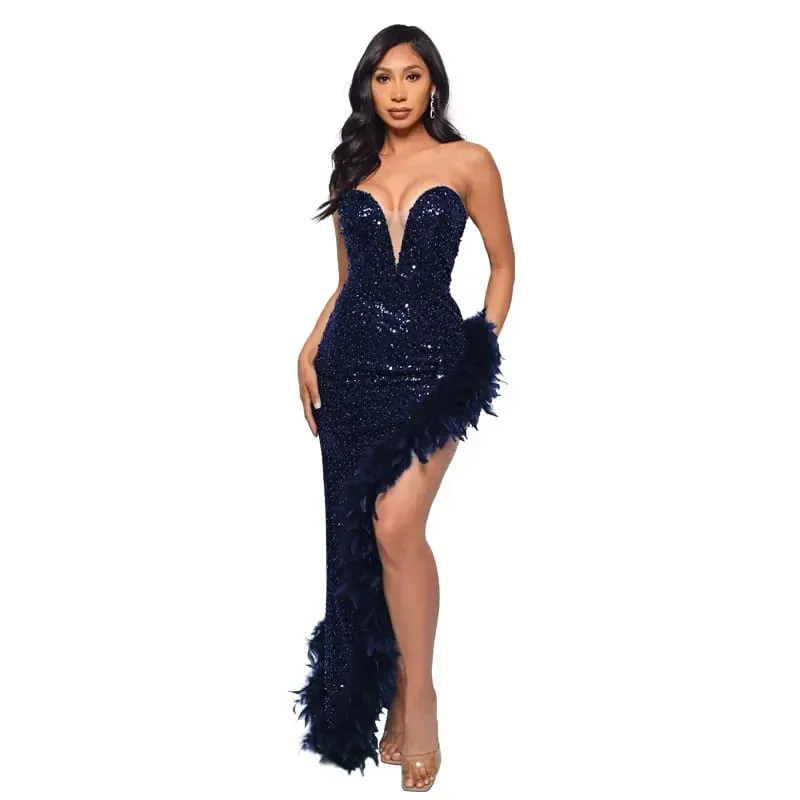 yaya feminino lantejoulas sem alças pena alta lateral divisão sem alças bodycon midi maxi vestido sexy clube até vestidos de festa