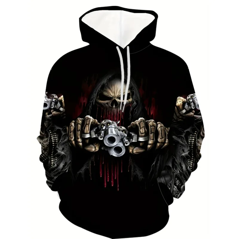3D Printed Skull and Rose Sweatshirts Drawstring Sportwear Long Sleeved Tops Men's Hooded Hoodies Street Graphic Men's Clothing