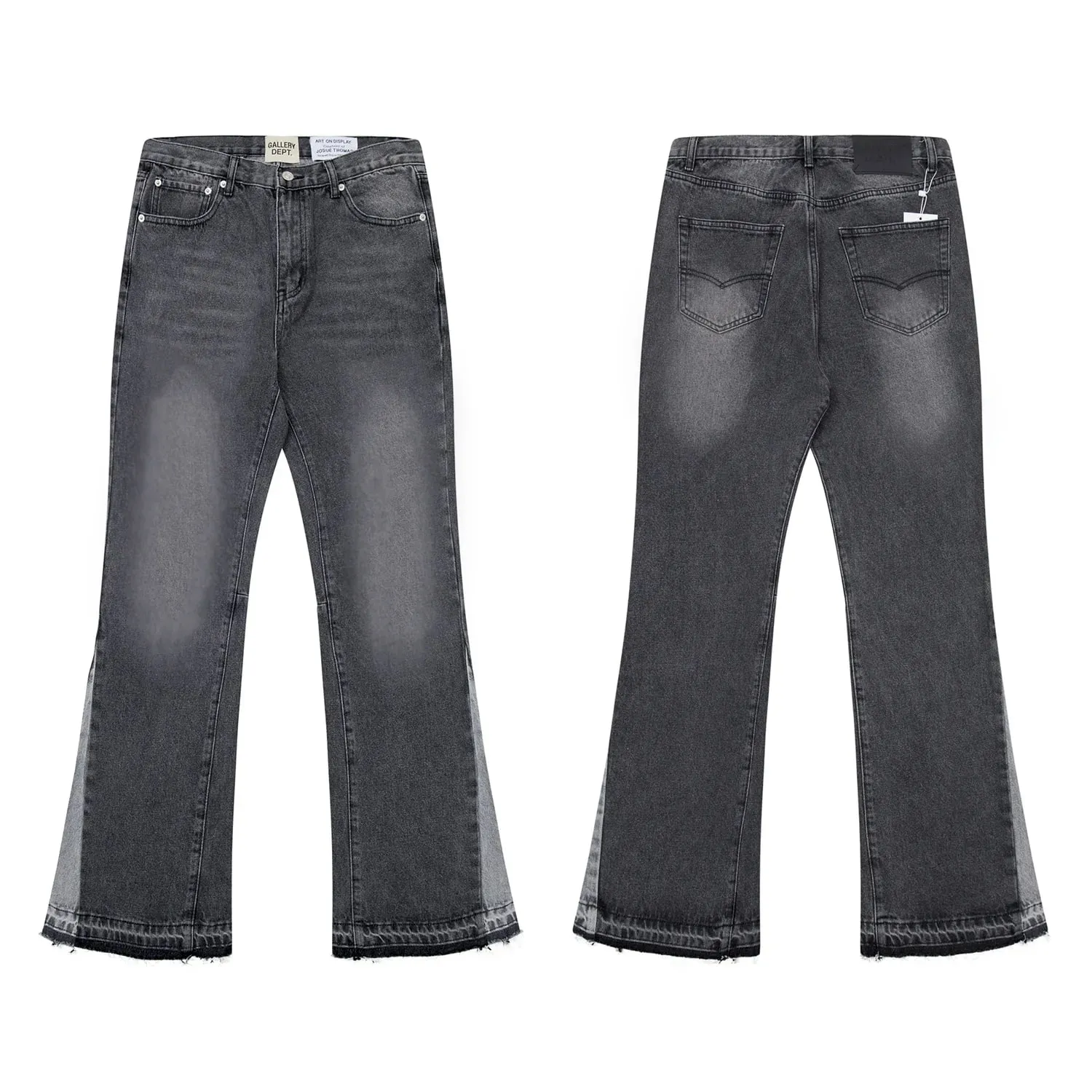 Calça jeans boca de sino lavada e gasta com patchwork