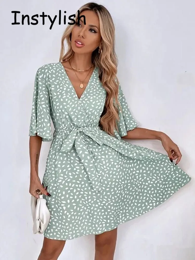 Casual dot print mini vestido com cinto elegante chique meia manga v pescoço a linha vestido de verão vintage harajuku vestido curto praia festa