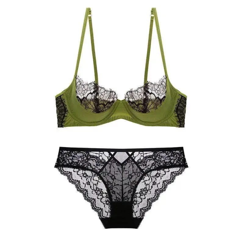 Conjunto de lingerie de renda pura francesa meia xícara fina sem forro sutiã minimizador underwire suporte elevador busto grande senhoras cuecas combinando S-XL