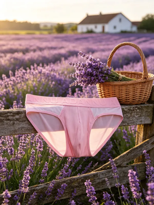 Cueca triangular masculina de cintura baixa, painel de malha lateral, material de grão vertical, bolsa de contorno 3D, letra em relevo, elástico largo