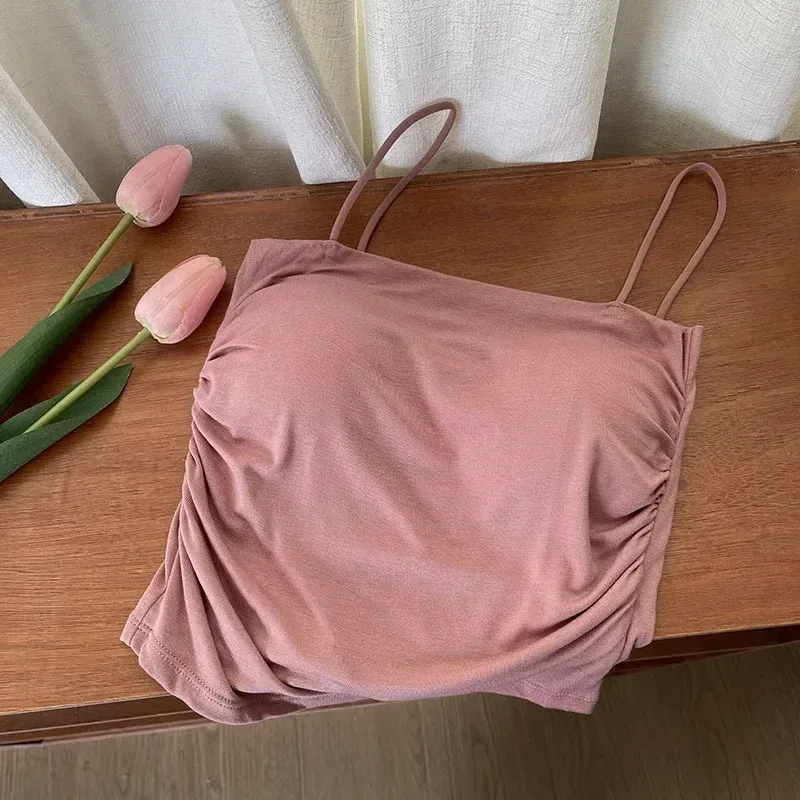 Sólido all-match plissado sling colete cinta almofada de peito roupa interior fino ajuste emagrecimento curto gyaru roupa exterior topo