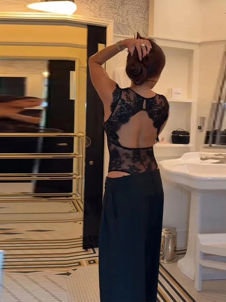 Sexy Lace Women's Bodysuit See Through Solid Deep V-neck Backless One Piece Tops 2026 Summer New Chic Club Party Lady Jumpsuits