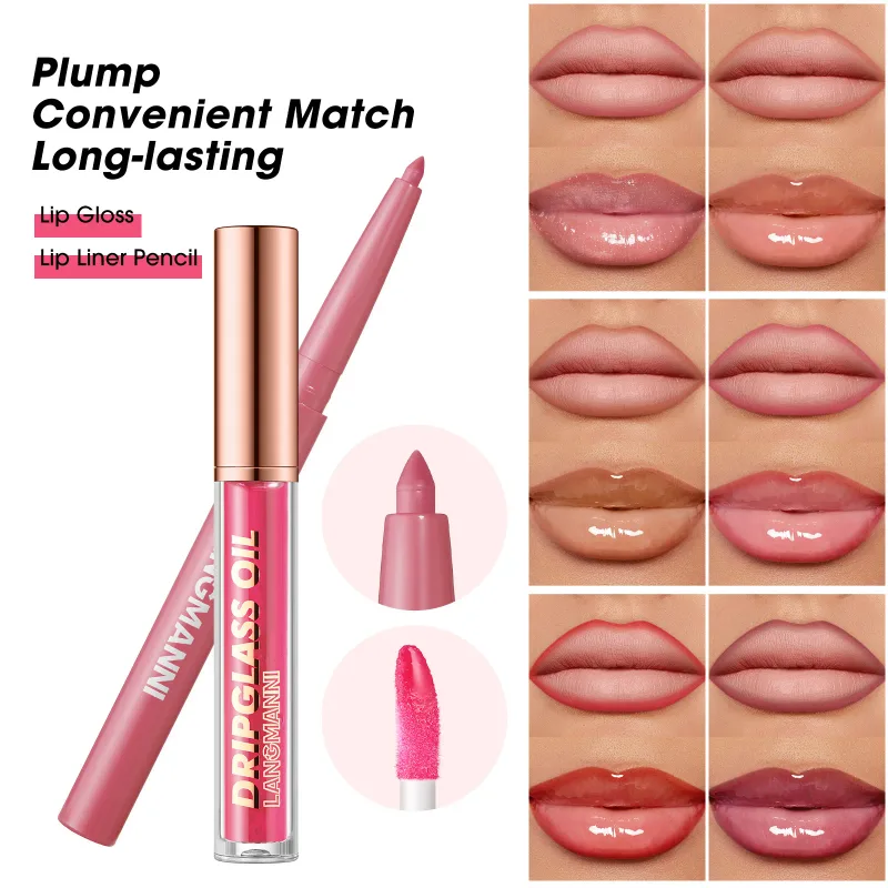 2 pçs/caixa matte veludo lipliner & espelho de vidro brilho labial à prova dwaterproof água de longa duração não-pegajoso roxo marrom forro lábio combinação conjunto de maquiagem — image 4