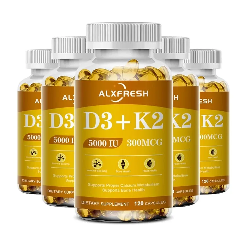 As cápsulas D3K2 apoiam a absorção de cálcio, fortalecem a saúde dos ossos e dos dentes e protegem os sistemas cardiovascular e imunológico