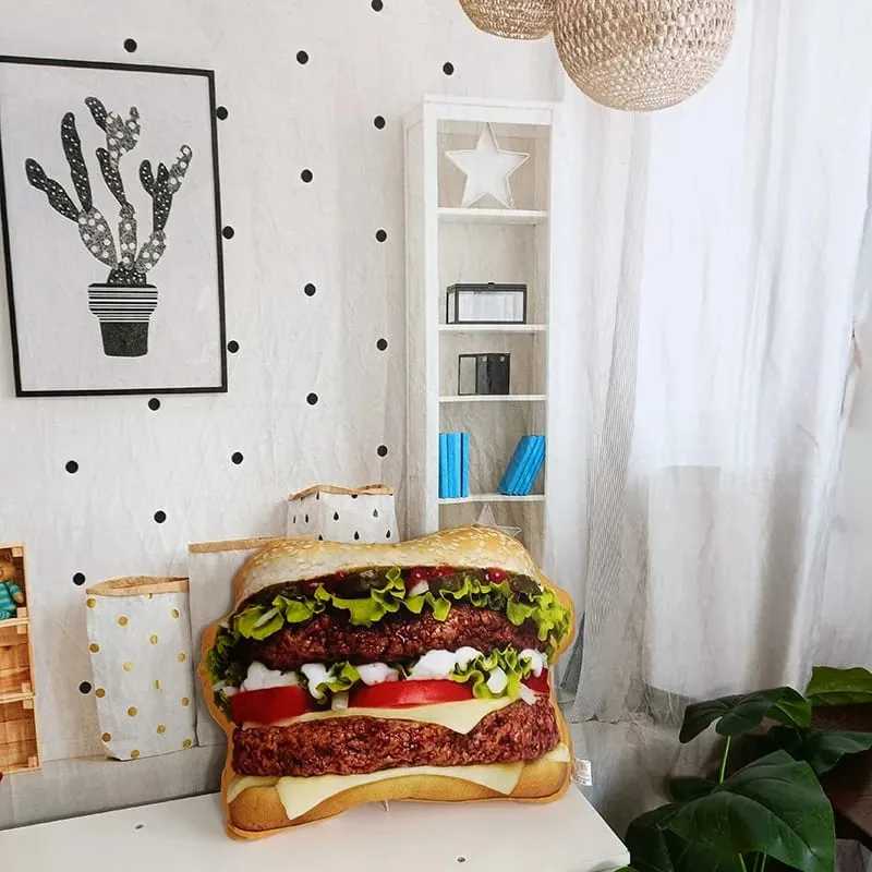 Lifelike Plush Hamburger Pillow Toy Simulation Stuffed Fast Food Hamburger Throw Pillow with Blanket 2 In 1 Cushion