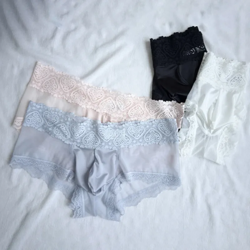 Men Ice Silk Lace Trim Thin Seamless Briefs Glossy 3D Pouch Lightweight Underwear Panties Comfortable Daily Lingerie