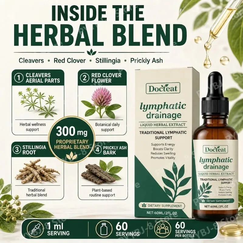 Gotas de drenagem linfática Suplemento de 60ml ajudam a aliviar o inchaço e a saúde do sistema imunológico com cutelos, trevo vermelho e raiz de stillingia