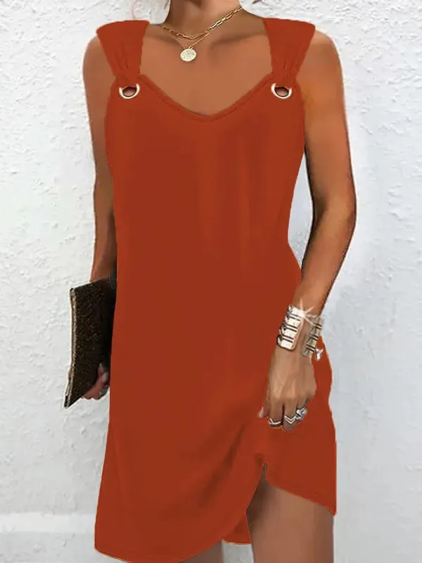 Mulheres verão vestidos casuais 2025 elegante estilo simples cor sólida botão de metal com decote em v sem mangas vestido feminino sexy midi vestidos
