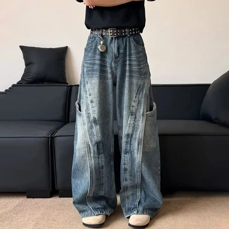 Calça jeans masculina curvada, versão coreana, com design retrô solto, perna reta, casual, bolso grande, perna larga