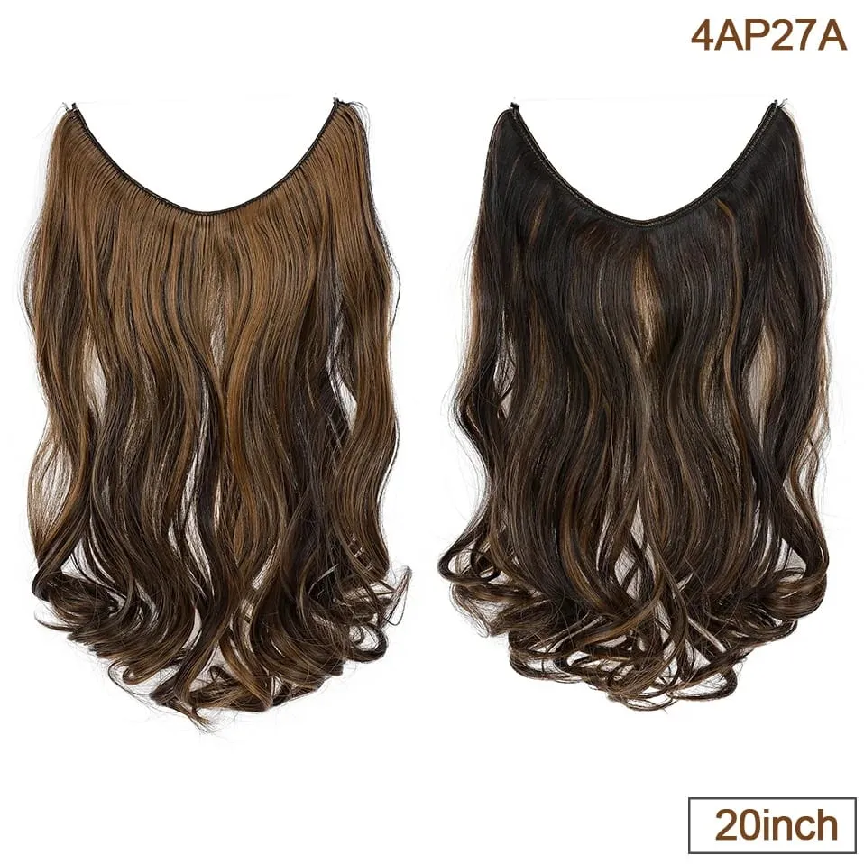 Extensões de cabelo de fio invisível sintético fio transparente ajustável longo ondulado encaracolado secreto hairpiece 20 Polegada para mulher