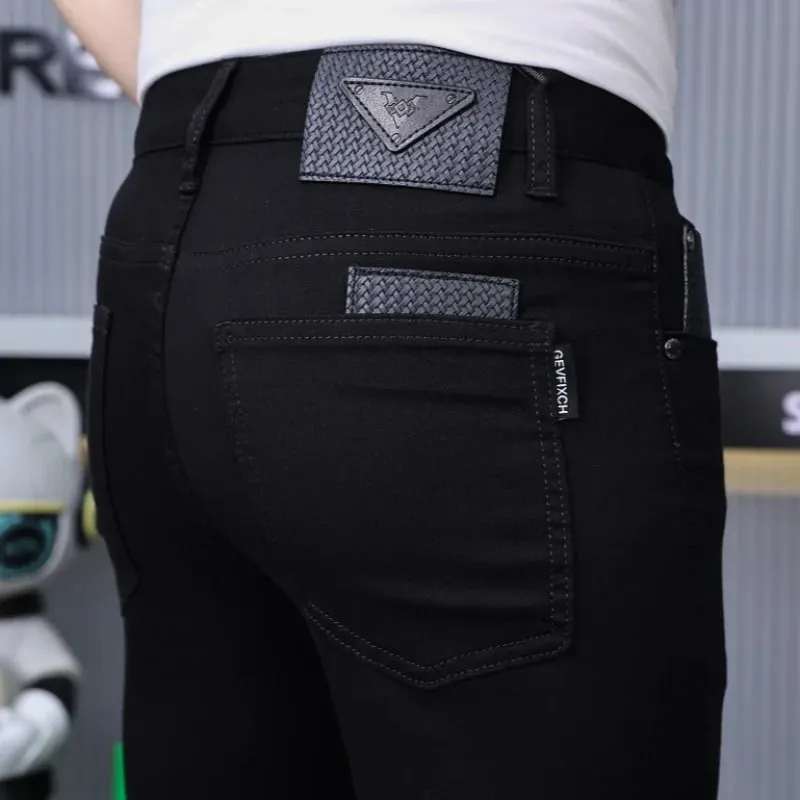 Calças de brim pretas puras masculinas high-end elegante e personalizado fashion2024new magro ajuste roupas masculinas magras verão calças finas
