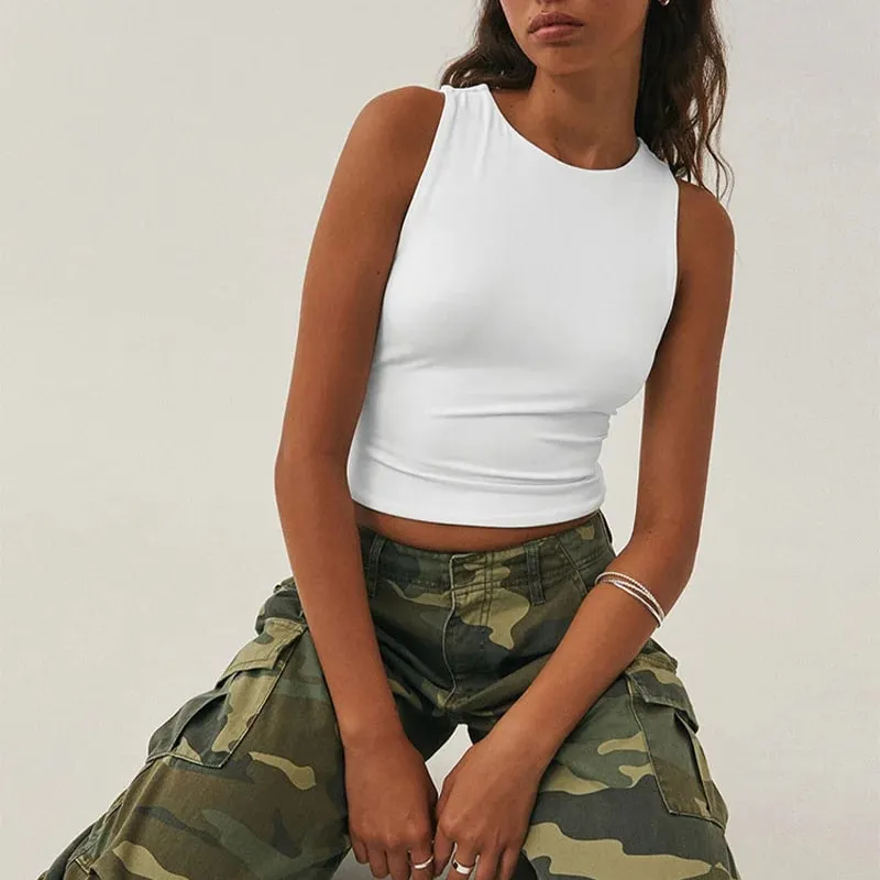 Sleeveless tight bottom shirt round neck I-shaped solid color top casual vest