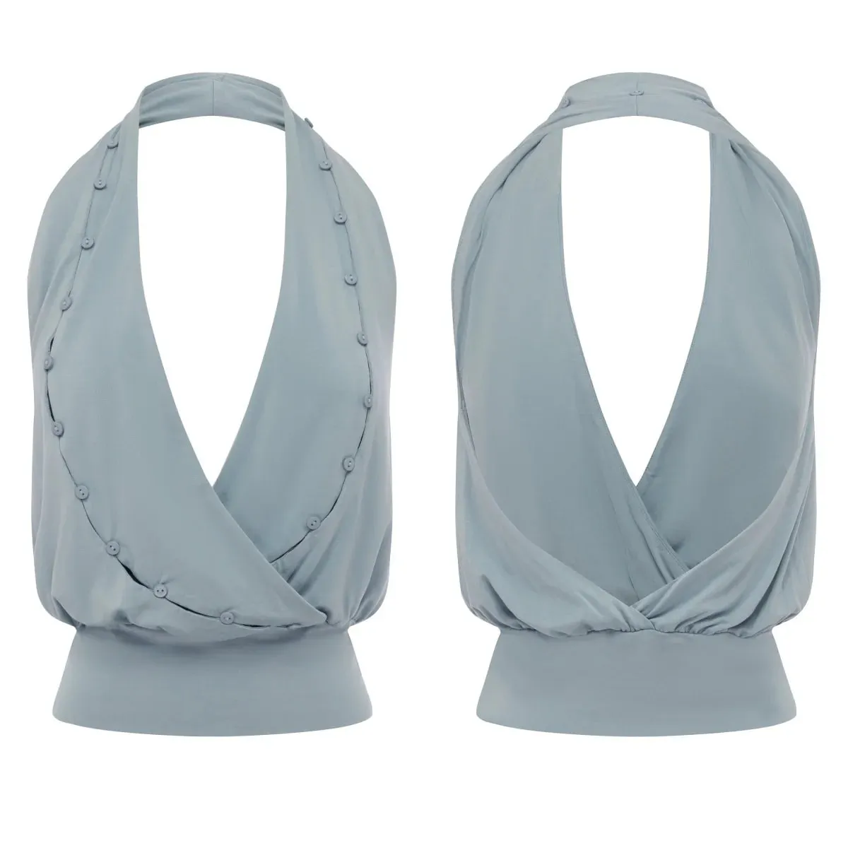 Top Halter V-Neck Dalam Biru Muda Wj dengan Top Pendek Rekaan Tanpa Belakang dengan Rekaan Belakang Simpul Putar dan Butang untuk Kesan Pelangsingan Jerebu Atasan Tangki Halter Biru Atasan Pendek dengan Hiasan Butang dan Rekaan Bercekak Pinggang