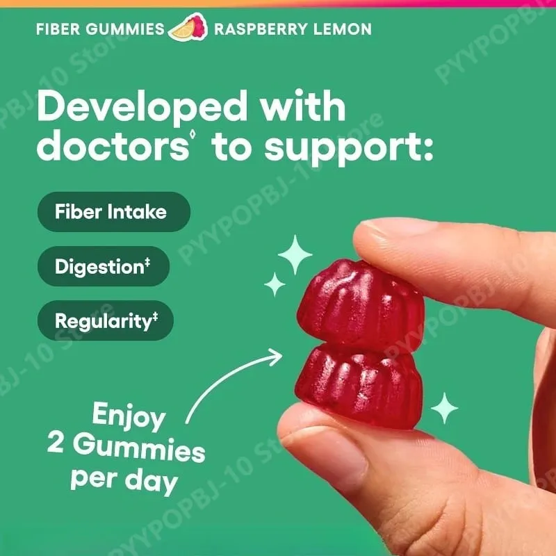 Fiber Gummies Digestive Health Regularity Raspberry Lemon Flavor No Sugar Added Vegan Chicory Root Prebiotic 60CT Adults