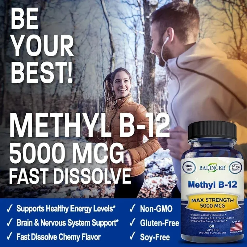 維生素 B12 - 5000 MCG 補充品 - 有益於大腦和心臟功能 支持記憶 學習有助於增強自然能量