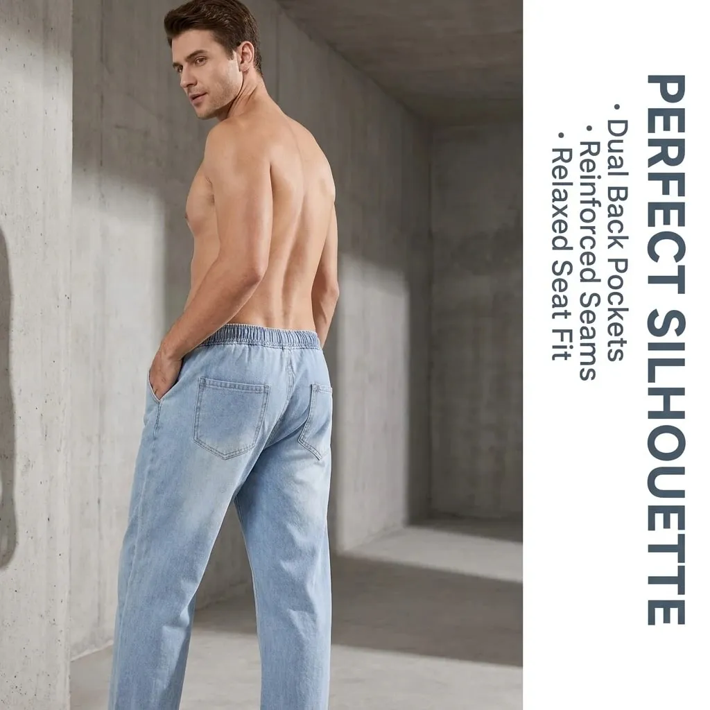 Calça jeans solta masculina, azul claro, cintura elástica, cordão, primavera, verão, outono e inverno, versátil, confortável, ajuste casual, calças jeans