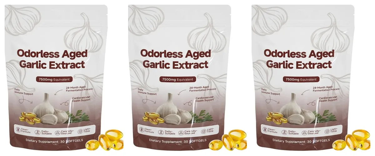 Extrato de alho envelhecido inodoro Softgels 7500mg equivalente 24 meses fermentado para suporte cardio metabólico imunológico adulto 30 contagens