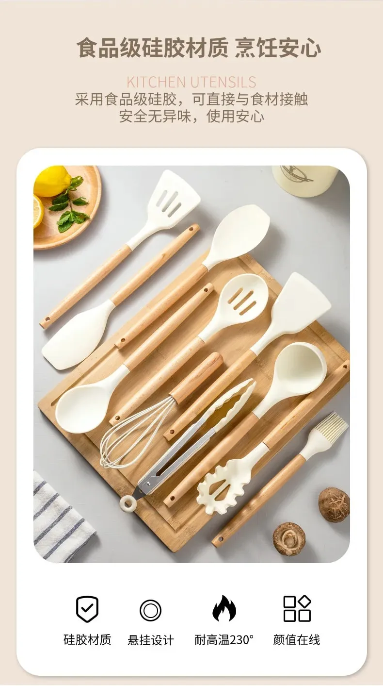 2/12 pçs conjunto de utensílios de cozinha de silicone branco com alça de madeira espátula de panelas resistente ao calor antiaderente ferramentas de cozinha — image 8