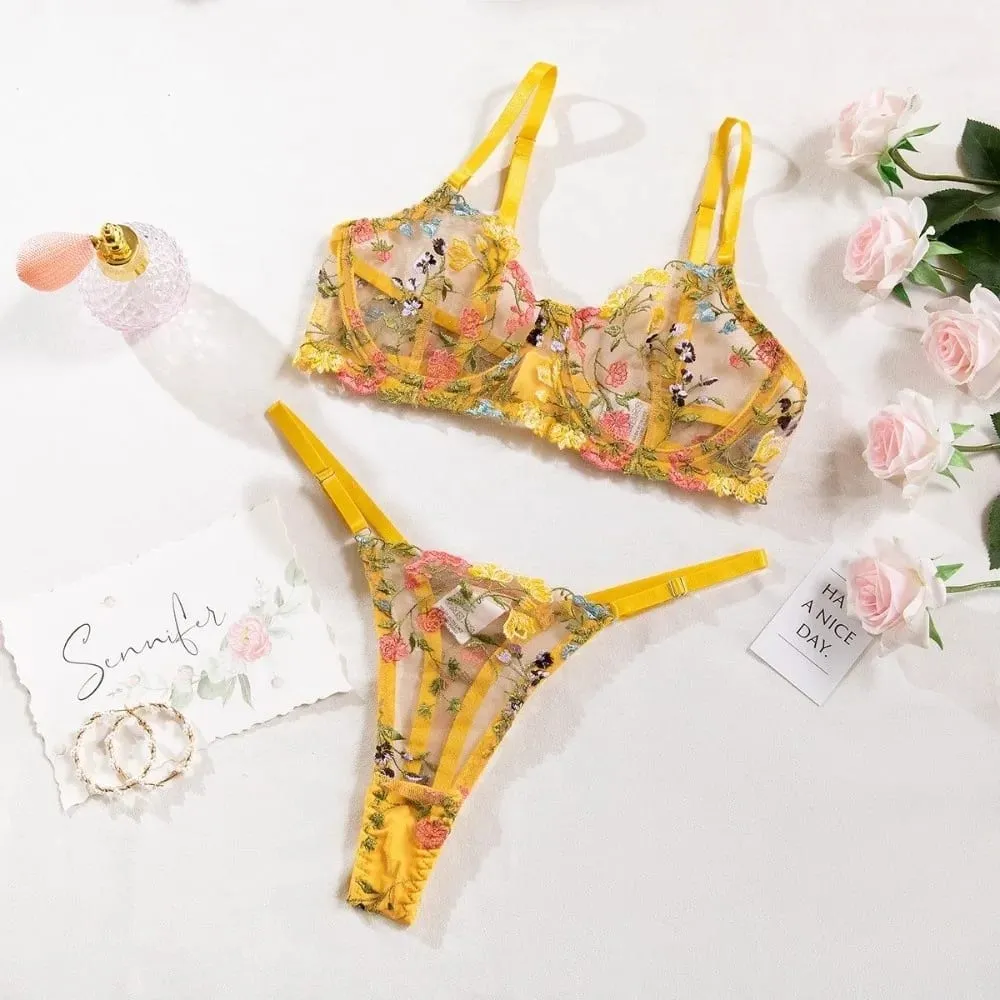 Conjunto de lingerie transparente versátil push up ultra-fino bordado floral roupa interior elegante sutiã terno feminino
