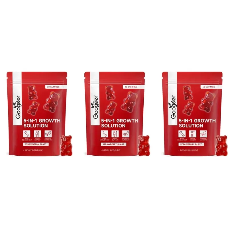 Googeer 5 em 1 solução de crescimento gomas para desenvolvimento ósseo e suporte de altura vitamina D3 K2 cálcio morango explosão 60 gomas