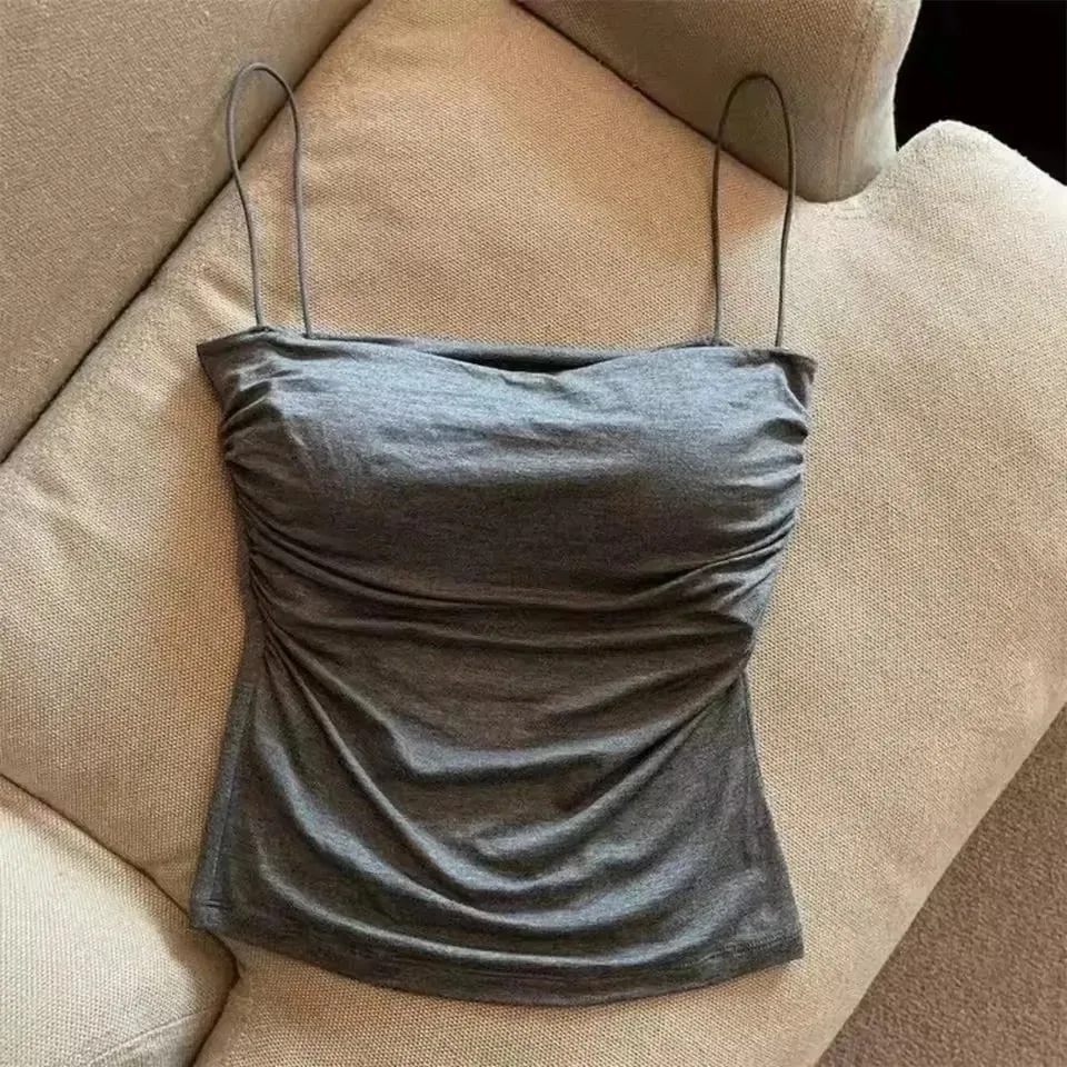1 pc elegante cintura plissada espartilho-suporte macio fixo almofada no peito sem mangas colete sexy curto topo com alças finas cor sólida